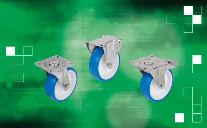 Stainless steel castors for sterile settings available from Norelem