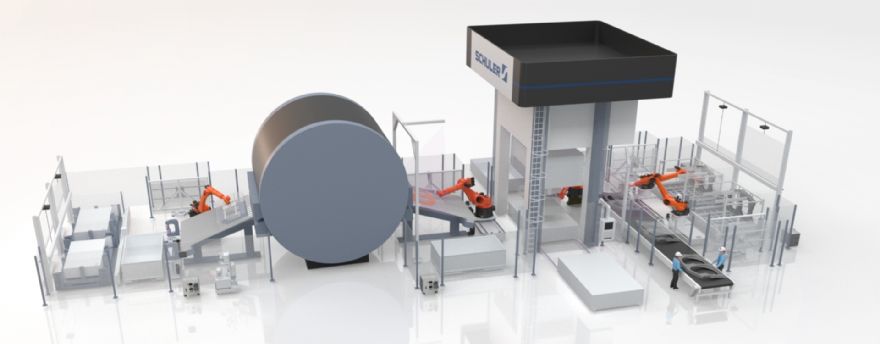 Space-saving line for hot stamping large components
